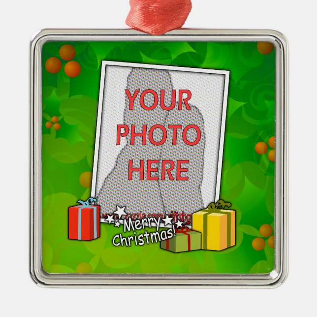 Customizable Holly &boxes Christmas photo Ornament (Front)
