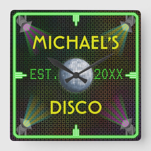 Customizable Home Bar 1970's Disco Ball Square Wall Clock (Front)