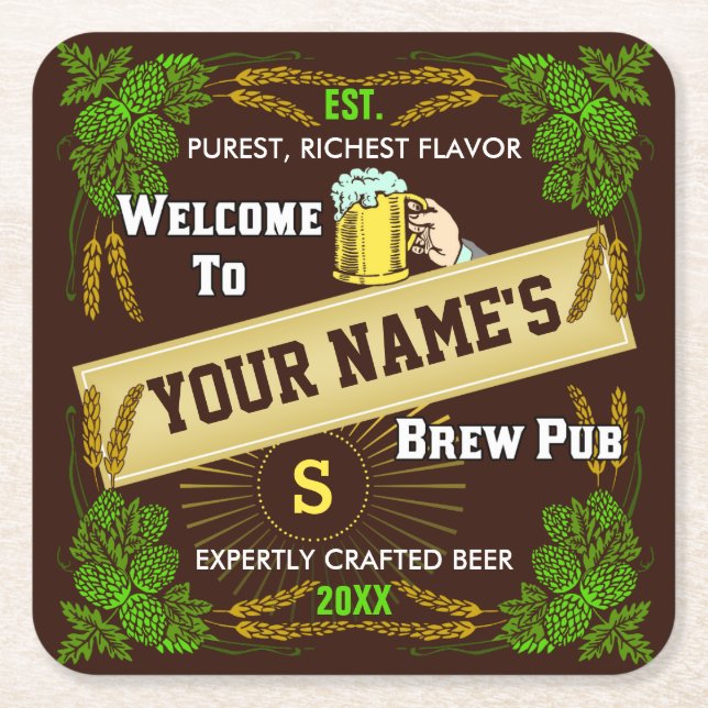 Customizable Home Bar Brewpub Beer Brewery Square Paper Coaster (Front)