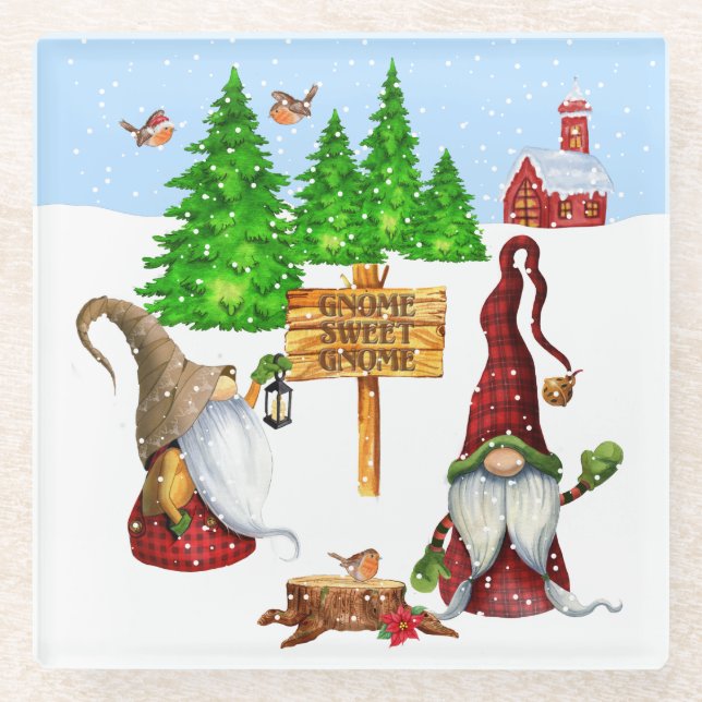 Customizable Home Sweet Home Gnome Winter Scene Glass Coaster (Front)