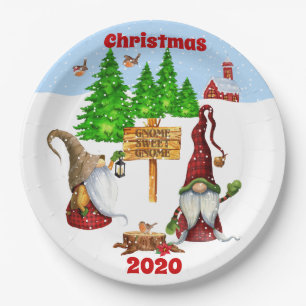 Customizable Home Sweet Home Gnome Winter Scene Paper Plates