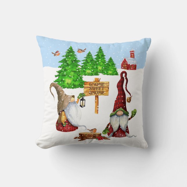 Customizable Home Sweet Home Gnome Winter Scene Throw Pillow (Front)