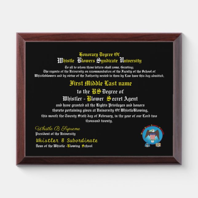 Customizable Honorary BS Degree from WBSU Award Plaque (Horizontal)
