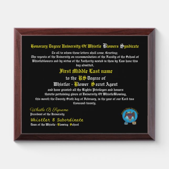 Customizable Honorary BS Degree from WBSU Award Plaque (Horizontal)