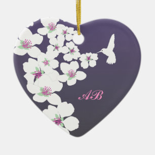 Customizable: Hummingbird and blossom on purple Ceramic Ornament