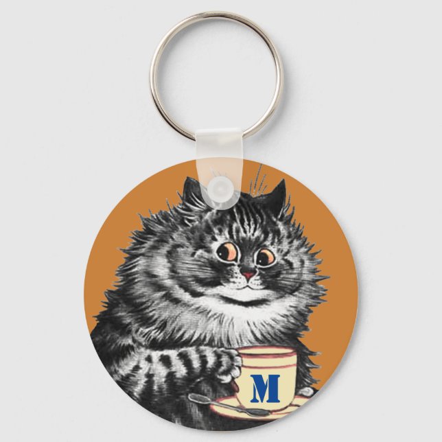 Customizable Initial, Coffee Lover Cat, Louis Wain Keychain (Front)