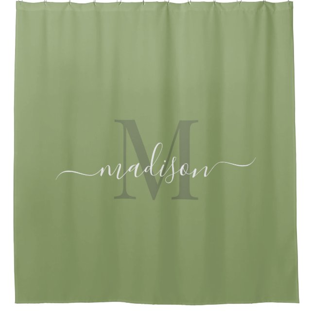 Customizable Initial & Name Deep Sage Green Shower Curtain (Front)