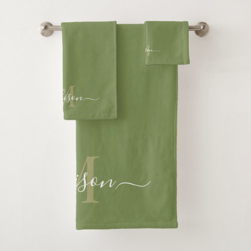 Customizable Initial  Name with Asparagus Green Bath Towel Set