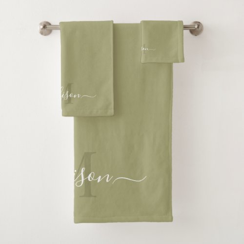 Customizable Initial  Name with Brownish Green Bath Towel Set