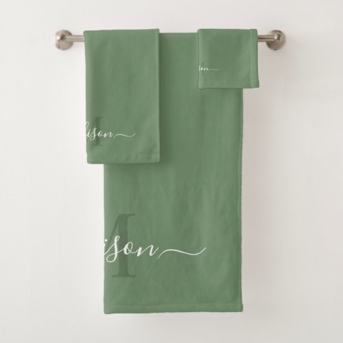 Customizable Initial  Name with Fern Green Bath Towel Set