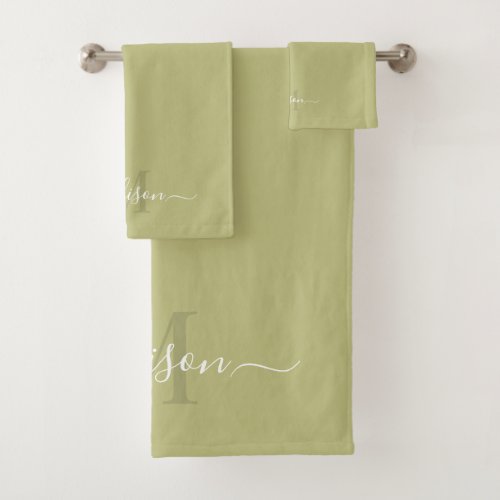 Customizable Initial  Name with Green Olive Drab Bath Towel Set