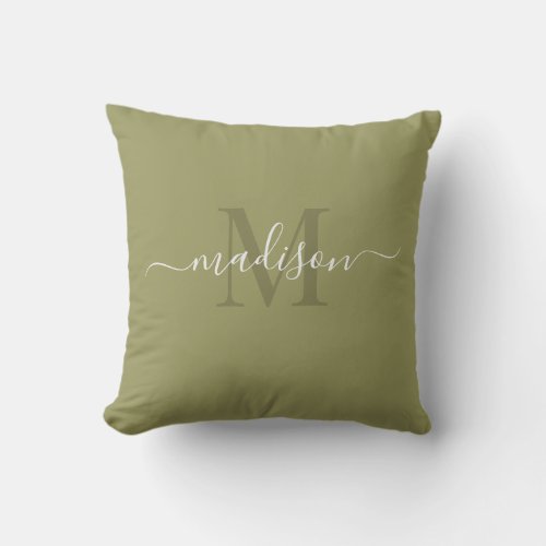 Customizable Initial  Name with Green Olive Gray Throw Pillow