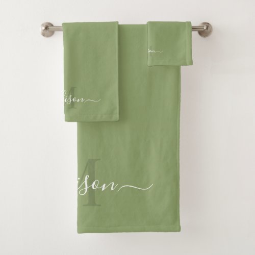 Customizable Initial  Name with Light Sage Green Bath Towel Set