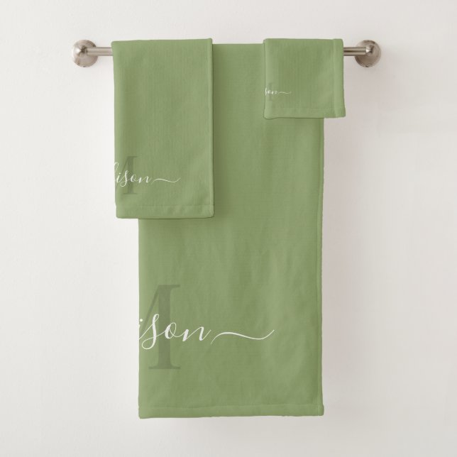 Customizable Initial & Name with Light Sage Green Bath Towel Set (Insitu)