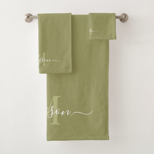 Customizable Initial  Name with Olive Gray Green  Bath Towel Set
