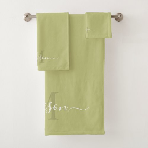 Customizable Initial  Name with Pale Olive Green Bath Towel Set