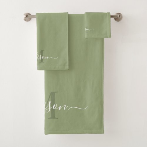 Customizable Initial  Name with Sage Green Bath Towel Set