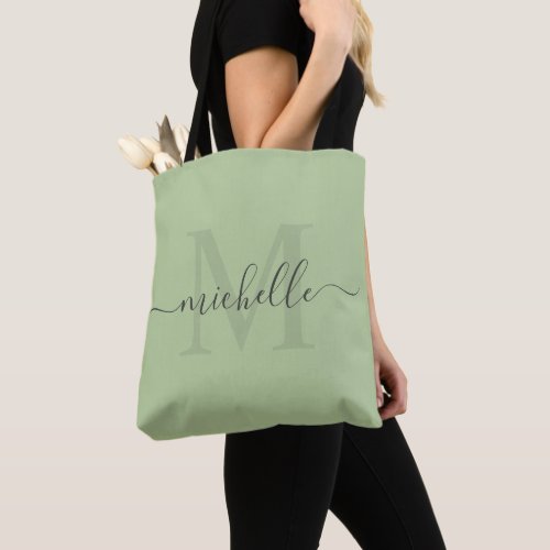 Customizable Initial  Name With Solid Green Color Tote Bag