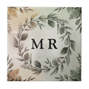 Customizable Initials Wreath - Elegant Monogram Ceramic Tile