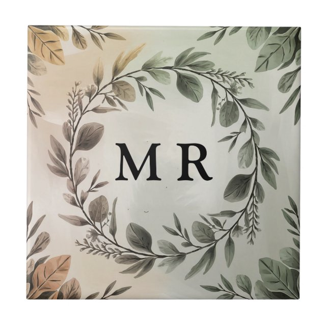 Customizable Initials Wreath - Elegant Monogram Ceramic Tile (Front)