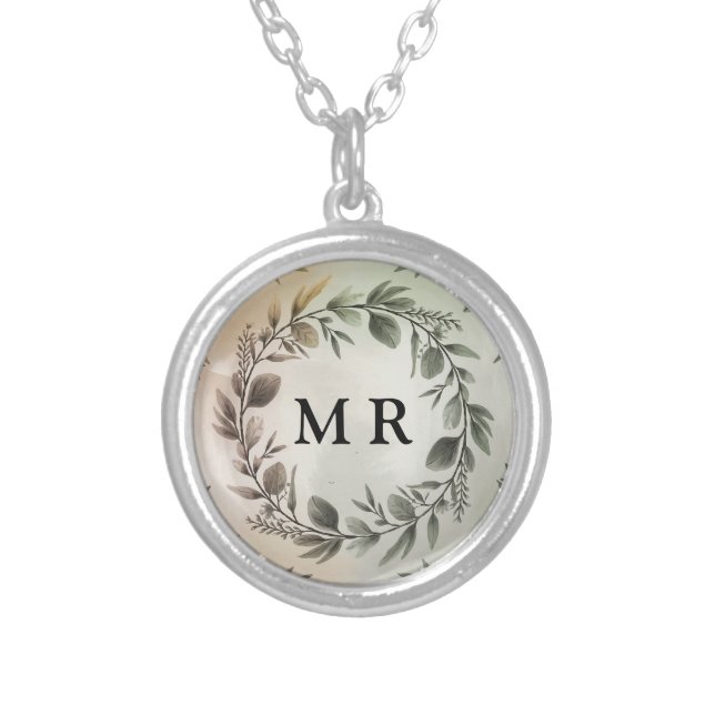 Customizable Initials Wreath - Elegant Monogram Silver Plated Necklace (Front)