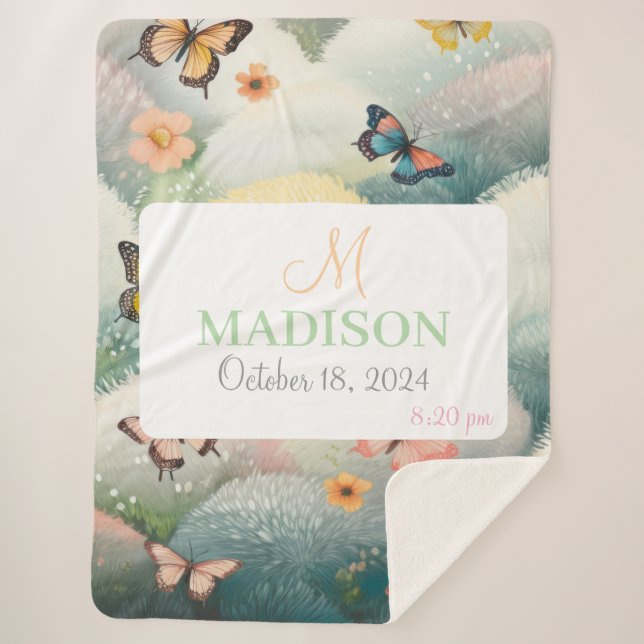 Customizable Insect With Name, Monogram & Birthday Sherpa Blanket (Front)