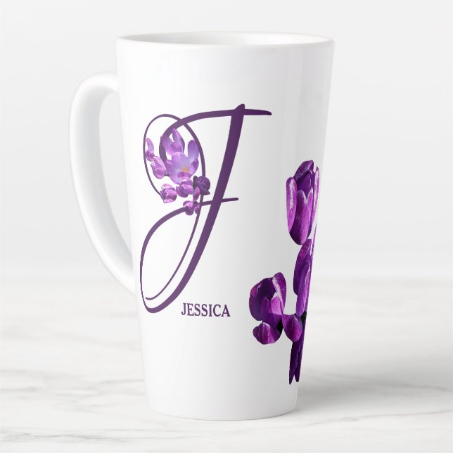 Customizable Jessica name purple crocus floral Latte Mug (Left Angle)