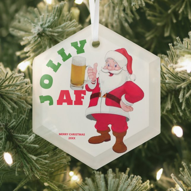 Customizable Jolly AF Funny Beer Santa Christmas Glass Ornament (Insitu)