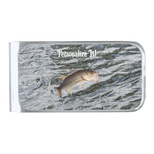 Customizable Jumping Bass Fishing Silver Finish Money Clip (Front)