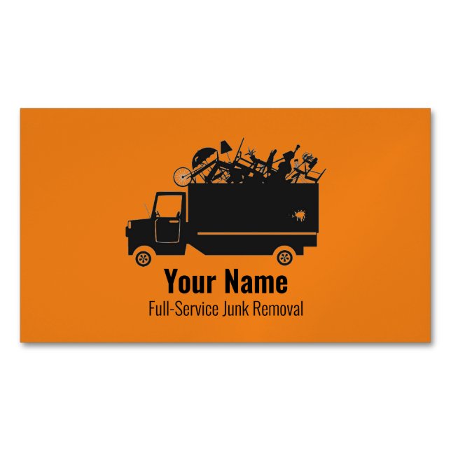 Customizable junk waste removal company orange business card magnet (Front)