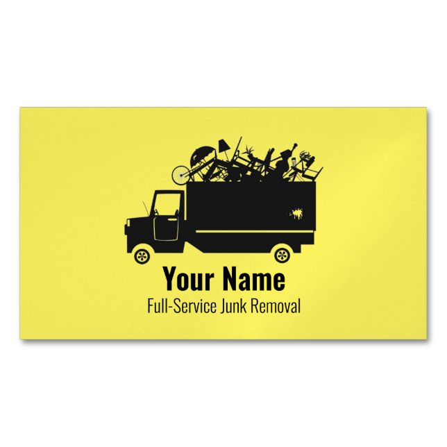 Customizable junk waste removal company yellow business card magnet (Front)
