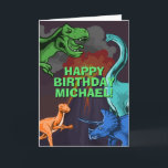 Customizable Jurassic Dino Kids Dinosaur Birthday Card<br><div class="desc">This dinosur design is great for the birthday boy in your life. Give them a dino-mite bday with this dino themed design featuring a trex,  triceratops,  brontosaurus,  and raptor.</div>