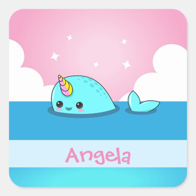 Customizable Kawaii Narwhal Name Tag Sticker (Front)