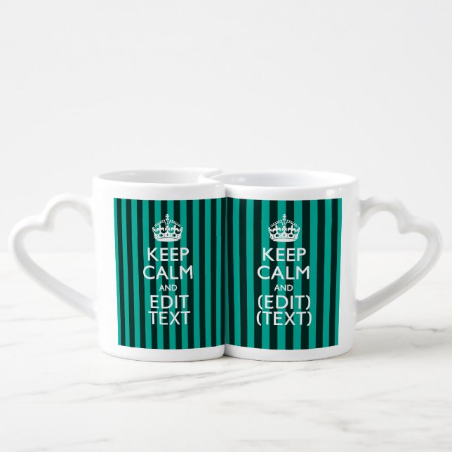 Customizable Keep Calm Your Text Turquoise Stripes Coffee Mug Set (Back Nesting)