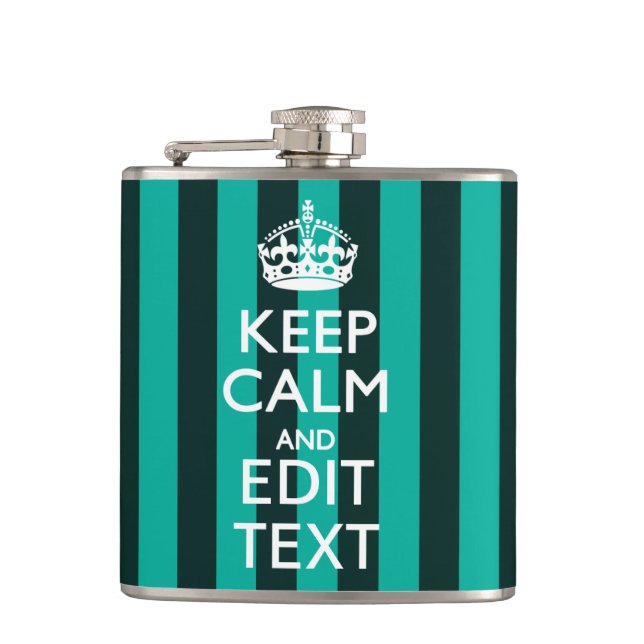 Customizable Keep Calm Your Text Turquoise Stripes Flask (Front)