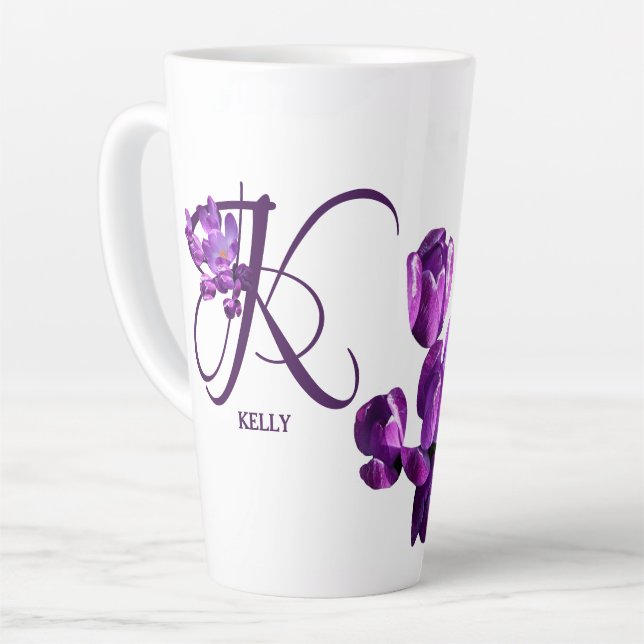 Customizable Kelly name pretty purple floral girly Latte Mug (Left Angle)