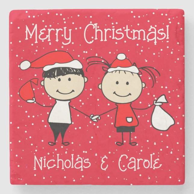 Customizable Kids and Adult Couples Christmas Stone Coaster (Front)