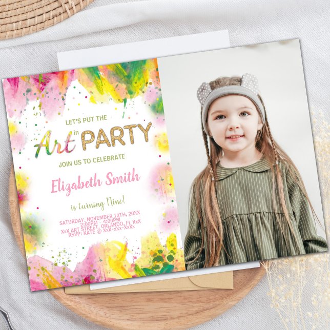 Customizable Kids Party Invitations (Orange Pink Paint Birthday Invitations with photo)