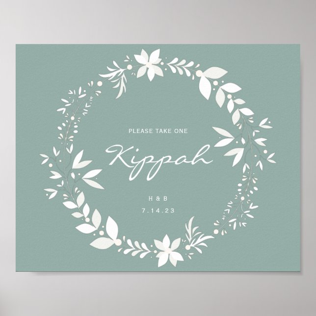 Customizable Kippah Wedding Sign, White & Green Po Poster (Front)