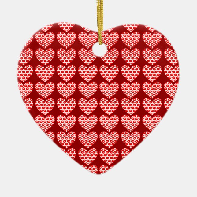 Customizable Kissy Lips Hearts Ceramic Ornament (Front)