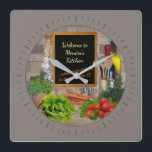 (Customizable) Kitchen Clock with your Name<br><div class="desc">#Custom #Kitchen #Clock 🔴Click "Personalize" to insert your name on the chalk board. For a square clock copy&paste this URL into your browser's address field: 👉https://www.zazzle.com/z/72qccpta?rf=238616437821221436 🔴More items with this design: www.zazzle.com/aura2000/kitchen</div>
