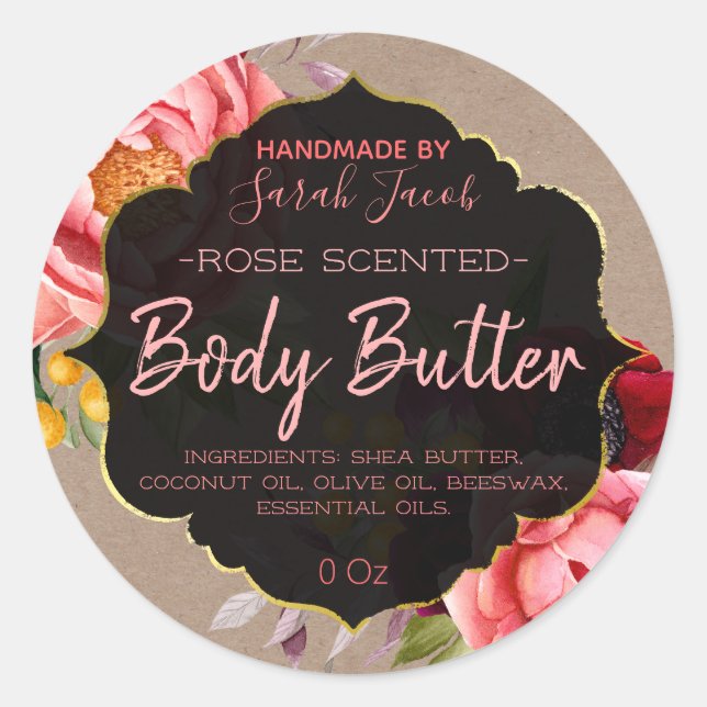 Customizable Kraft Floral Body Butter Label (Front)