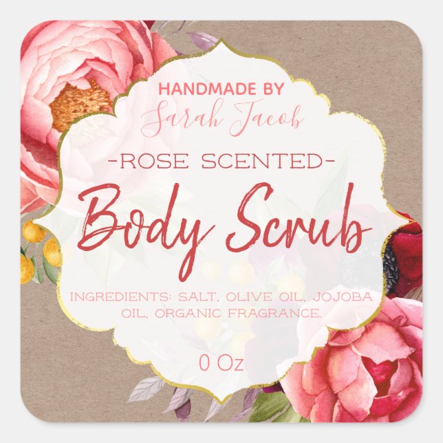 Customizable Kraft Floral Body Scrub Label (Front)