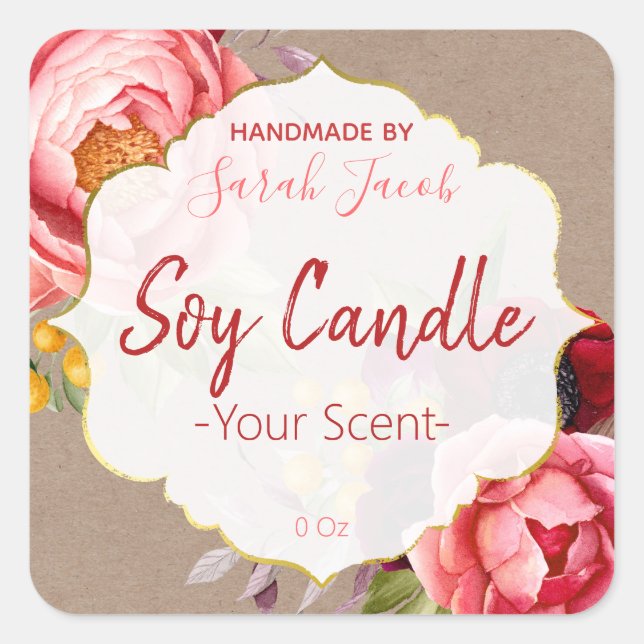 Customizable Kraft Floral Soy Candle Label (Front)