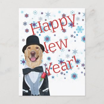 Customizable Lab In Tux New Years Postcard by myrtieshuman at Zazzle