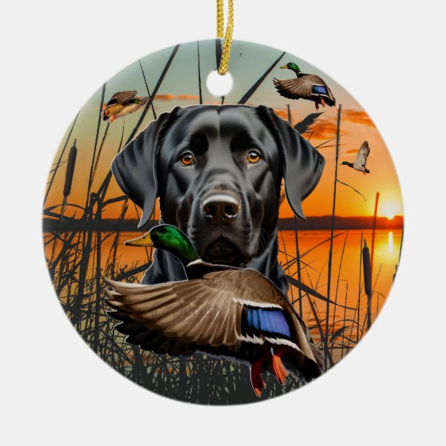 Customizable Labrador Ornament, Flying Duck Ceramic Ornament (Front)