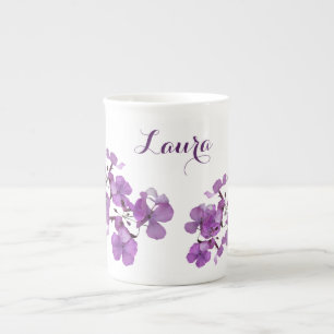 Customizable Laura name monogram purple floral Bone China Mug