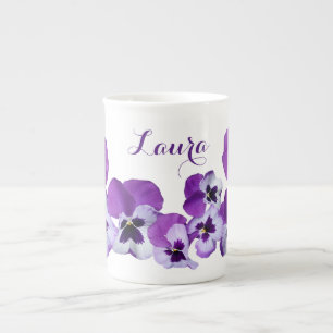 Customizable Laura name pretty purple pansy floral Bone China Mug