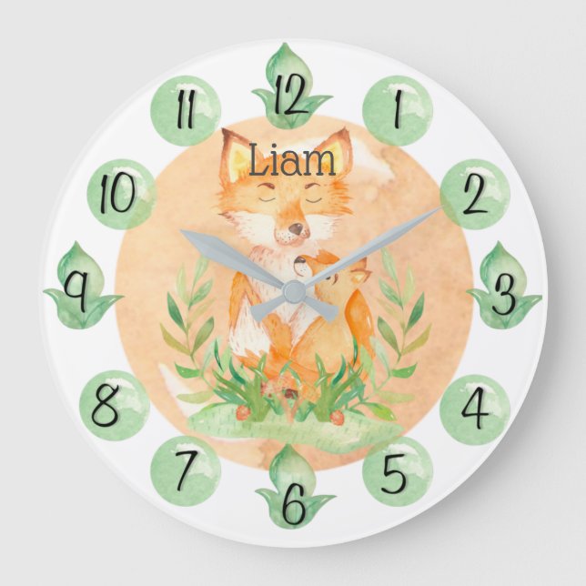 Customizable Leaf Baby Fox Nursery Clock Large (Front)