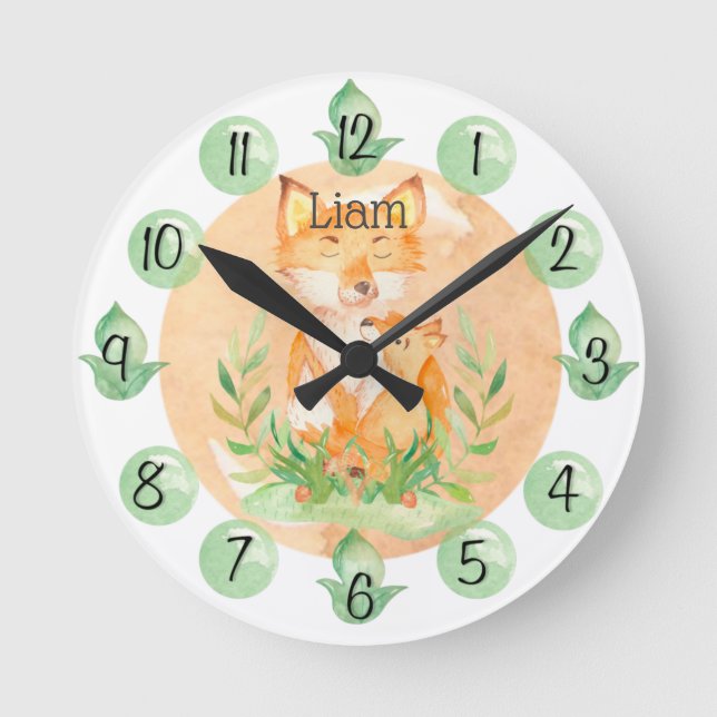 Customizable Leaf Baby Fox Nursery Clock Medium (Front)